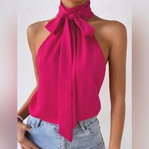 Pink Plus Size Halter Top Blouse - Sleek and Chic Sleeveless Exuding Elegance